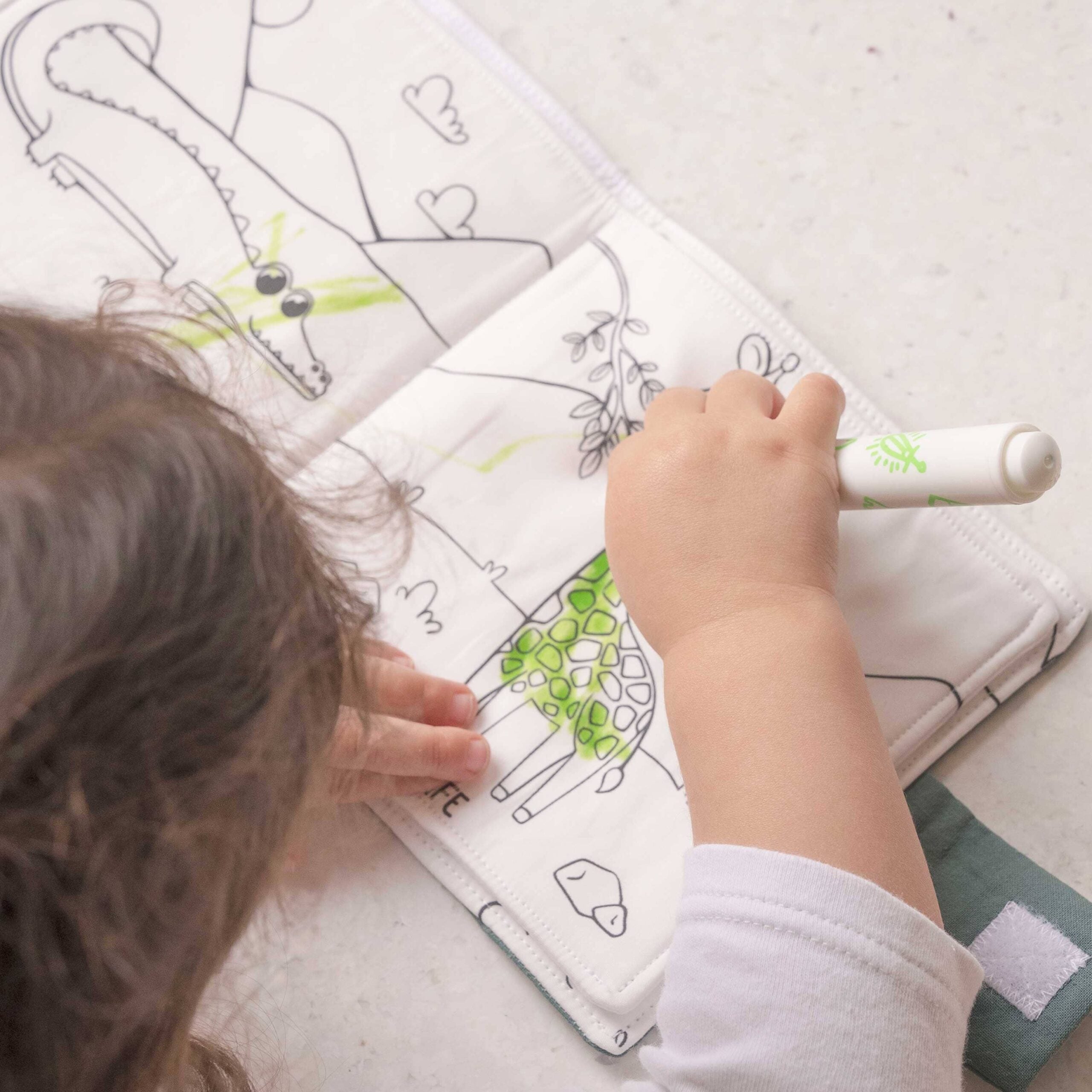 Petite fille de 2 ans qui colorier le livre de coloriage lavable des animaux