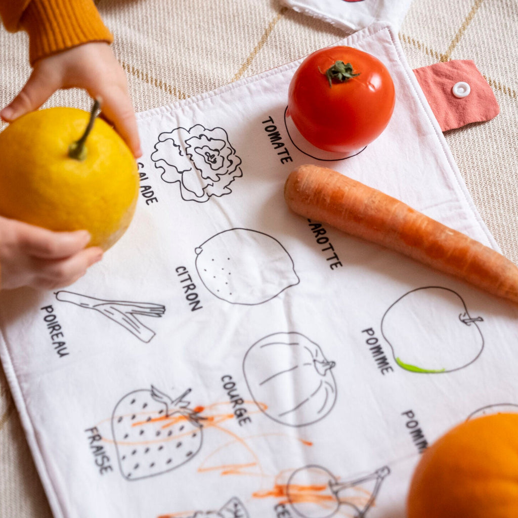 Set de table à colorier lavable recto/verso – Imagier des fruits et légumes