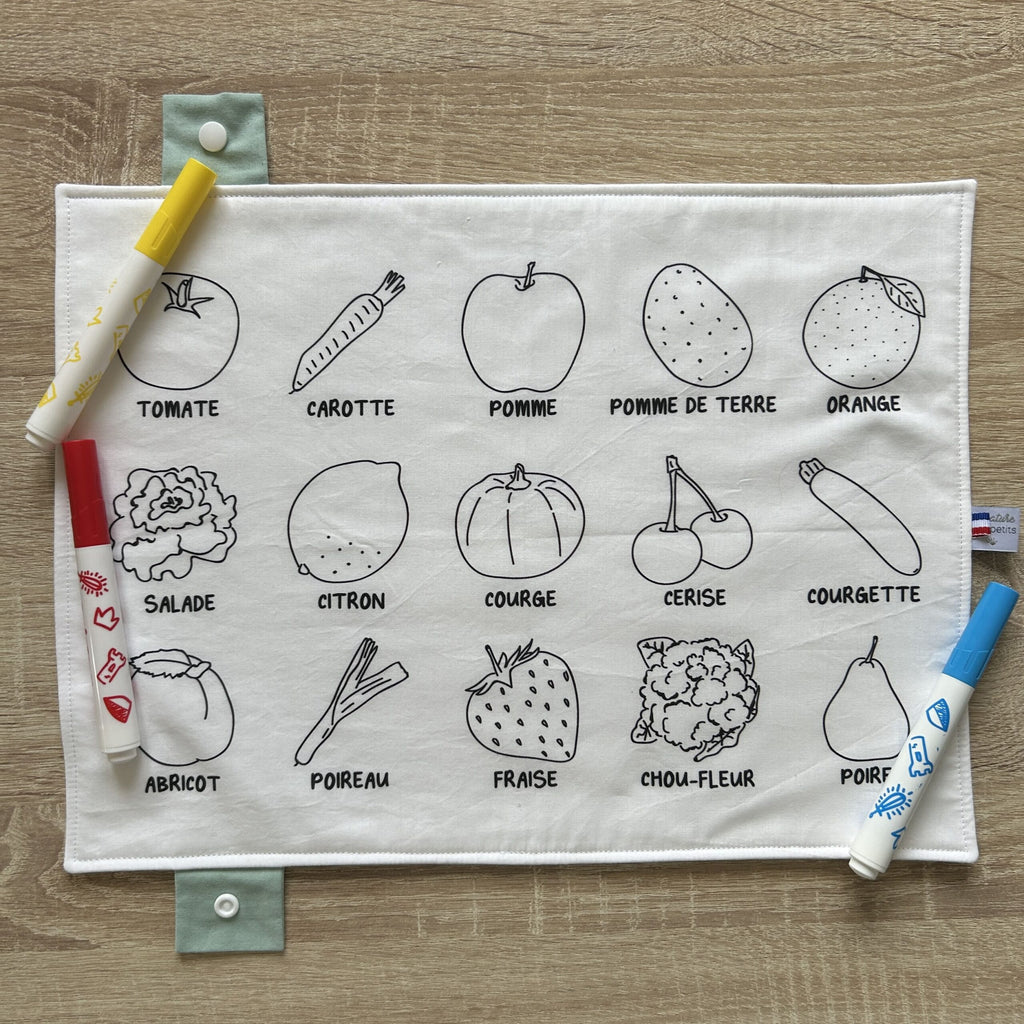 Set de table à colorier lavable recto/verso – Imagier des fruits et légumes