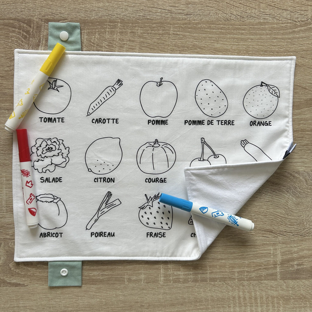 Set de table à colorier lavable recto/verso – Imagier des fruits et légumes